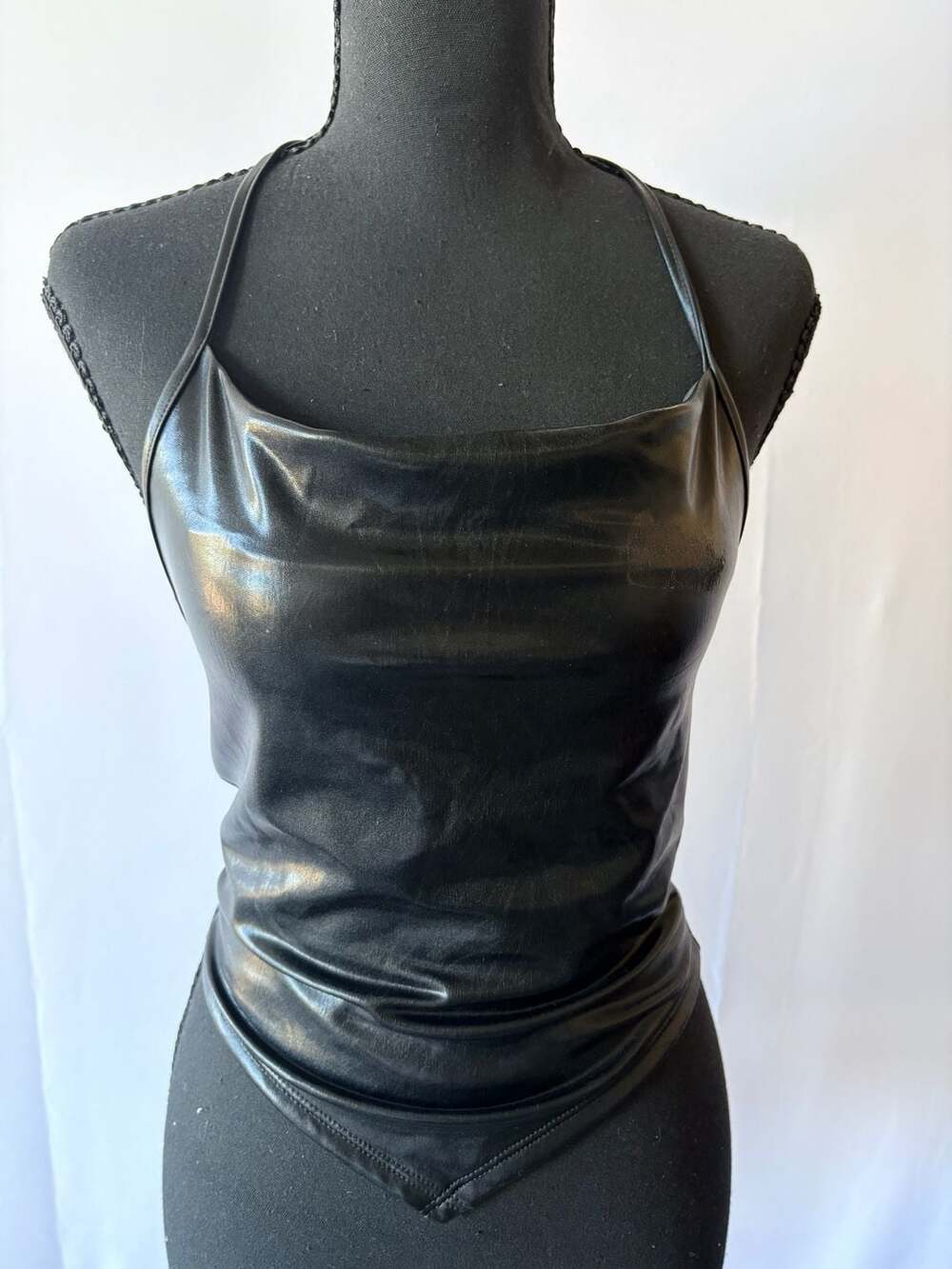 Faux Leather Halter Top Size S Black Cowl Neck (101)